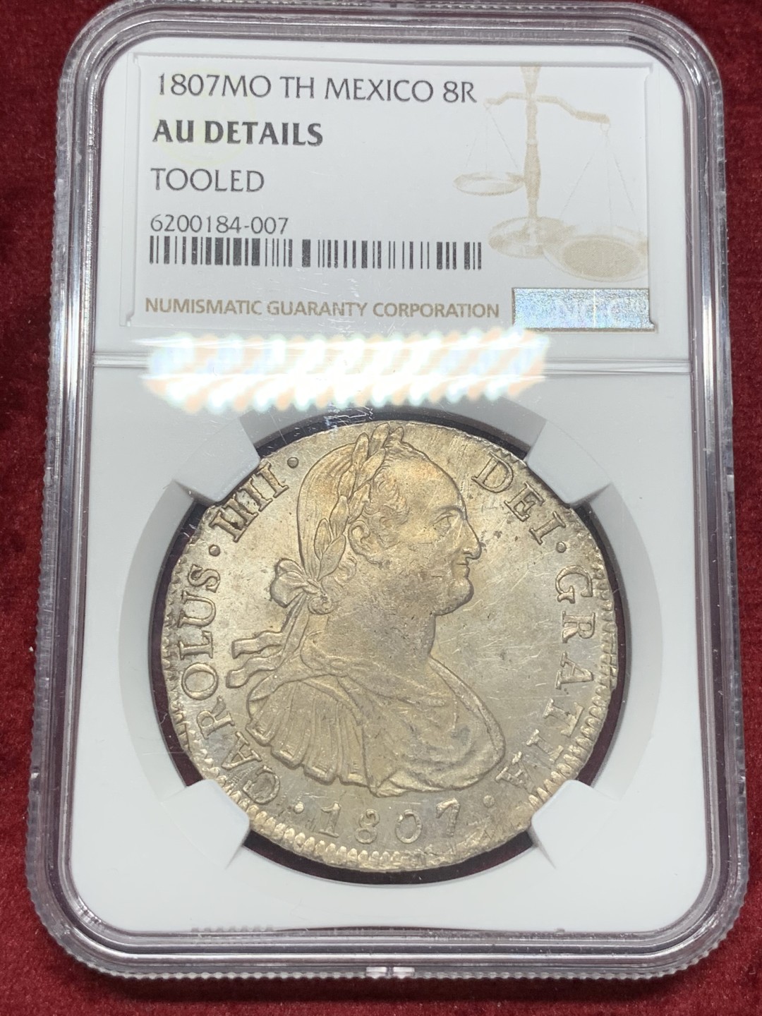 《竞宝斋》西.葡及其殖民地国家专场-第70场（全场不限金额包邮） NGC-AUD 墨西哥 卡洛斯四世 1807年 8里亚尔双柱银币 打制细节都不错 可惜有细丝划痕