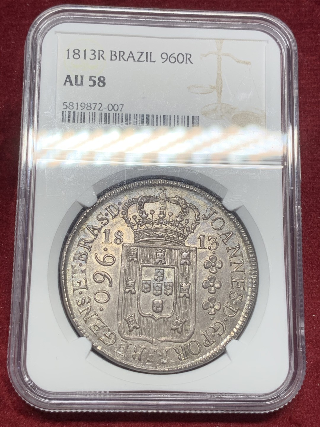 《竞宝斋》西.葡及其殖民地国家专场-第70场（全场不限金额包邮） NGC- AU58 葡属巴西 1813年R版 960R大银币原光  状态好 双面深打 币胚为双柱银币