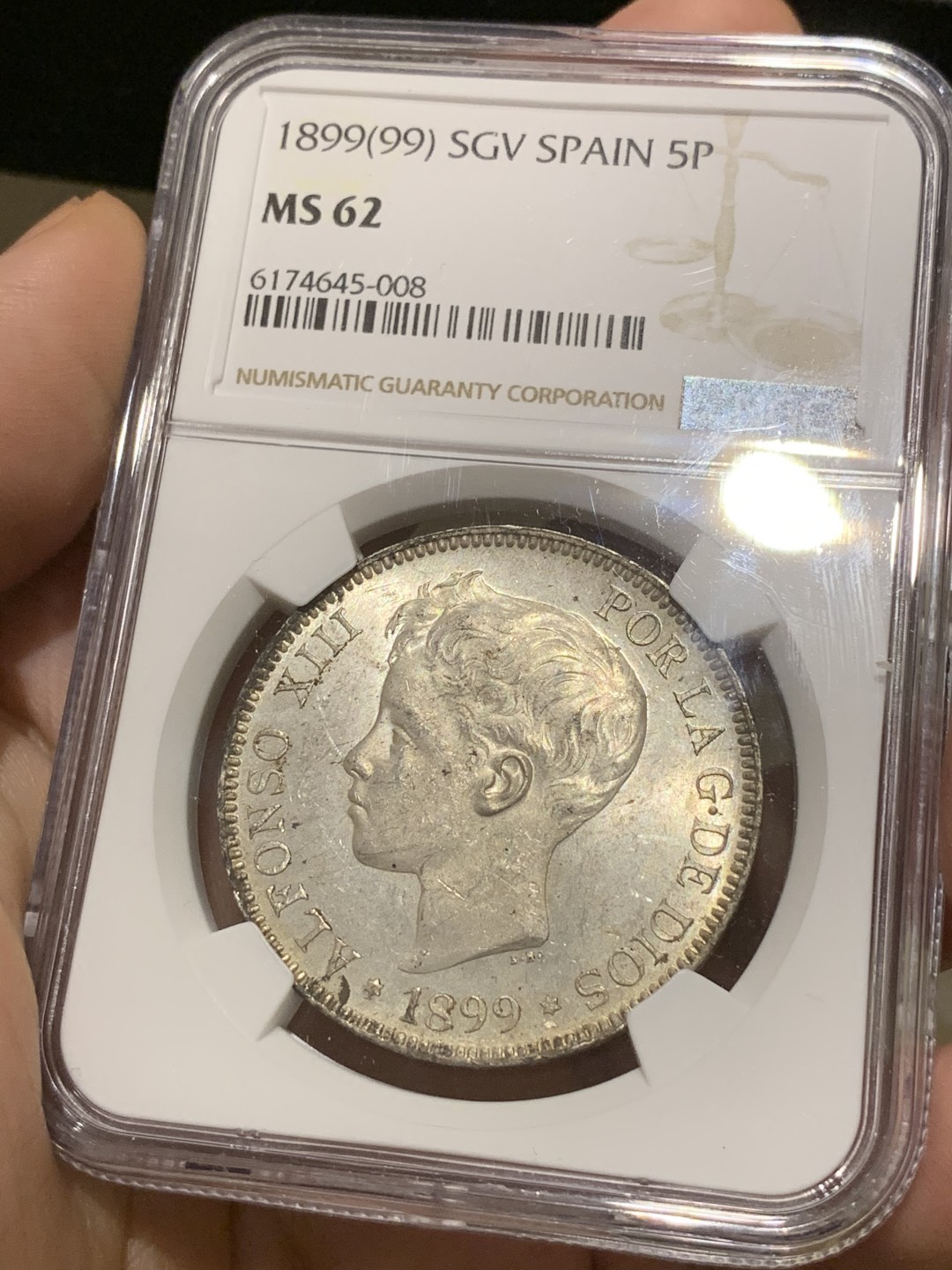 《竞宝斋》西.葡及其殖民地国家专场-第70场（全场不限金额包邮） NGC MS62 西班牙 1899年 小孩头 5比塞塔 银币 铸造纹清晰 状态极佳