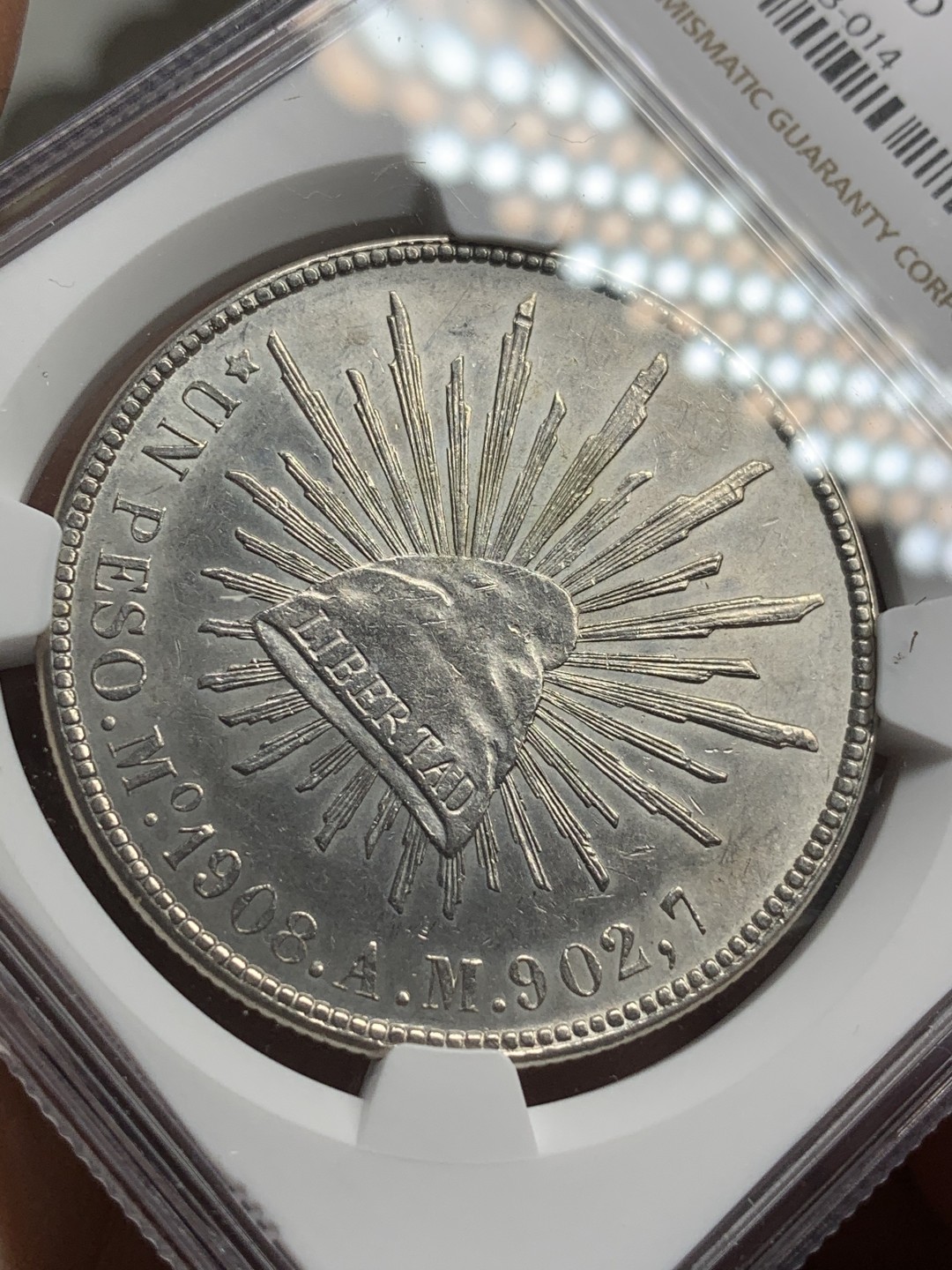 《竞宝斋》西.葡及其殖民地国家专场-第70场（全场不限金额包邮） NGC UNC 墨西哥 1908年MO AM版 直边 鹰洋银币 打制好 底光明显