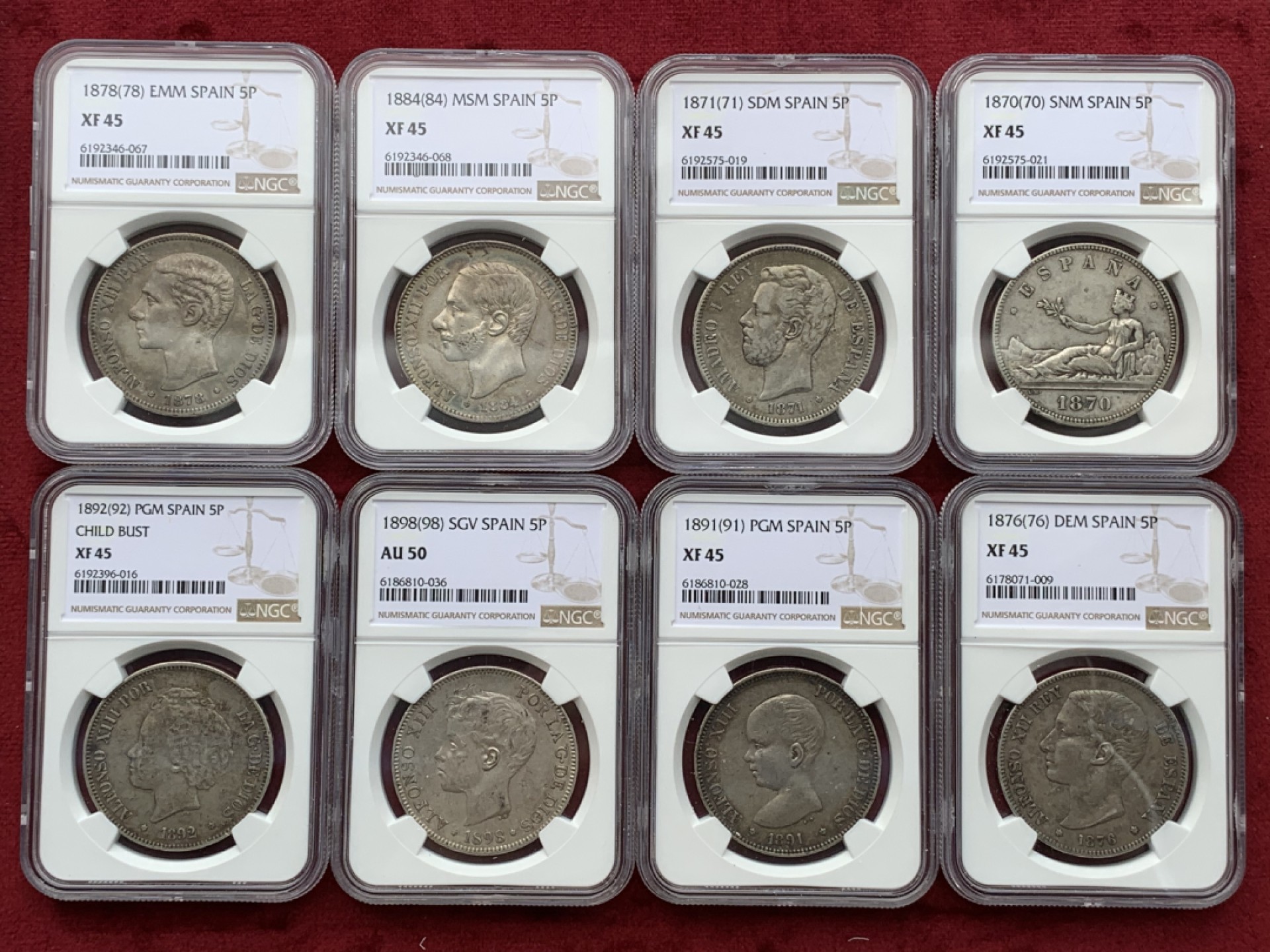 《竞宝斋》西.葡及其殖民地国家专场-第70场（全场不限金额包邮） NGC-XF45-AU50 原味彩包浆 西班牙5 比塞塔 8枚大全套一套 状态好 一次搞定全头像