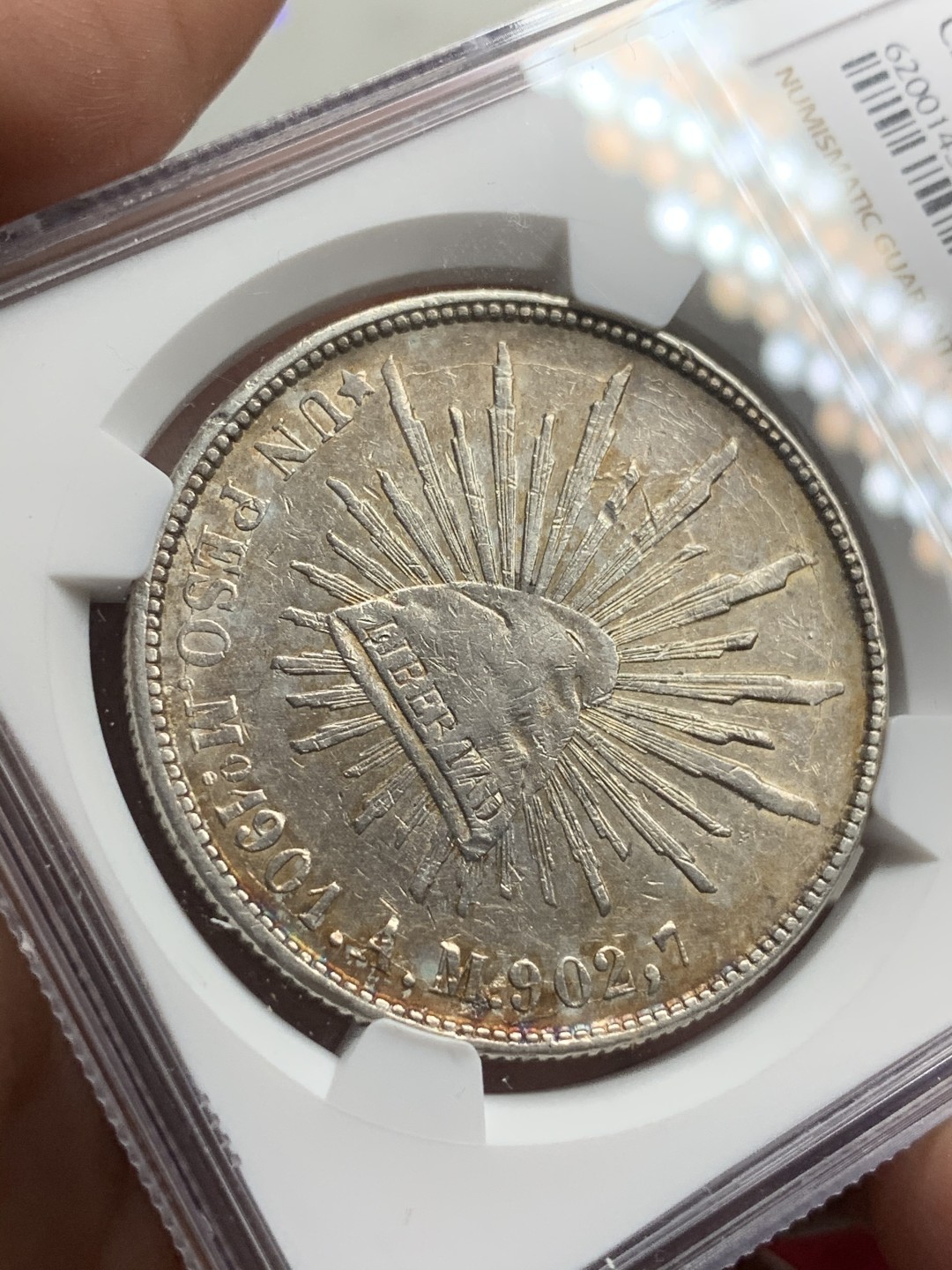 《竞宝斋》西.葡及其殖民地国家专场-第70场（全场不限金额包邮） NGC AUD 墨西哥 1901年MO AM版 直边 鹰洋银币双面金色包浆 状态可以