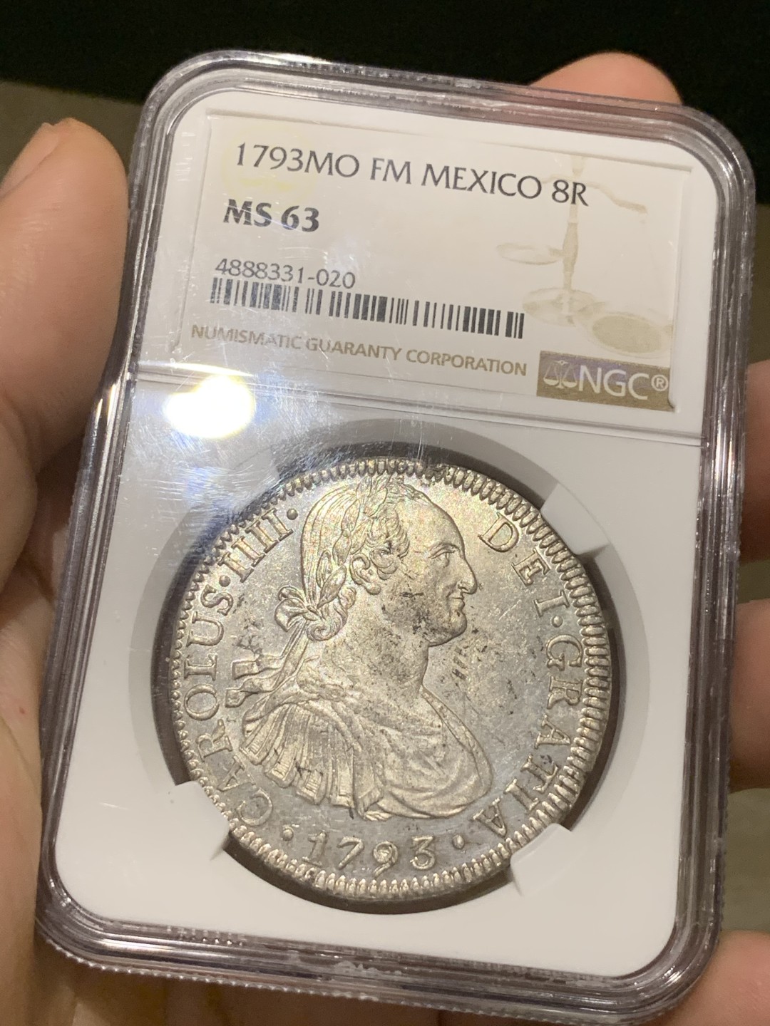 《竞宝斋》西.葡及其殖民地国家专场-第70场（全场不限金额包邮） 冠军分 NGC-MS63 墨西哥双柱 卡洛斯四世 1793 8里亚尔大银币 深打  早期卡四 top顶级收藏