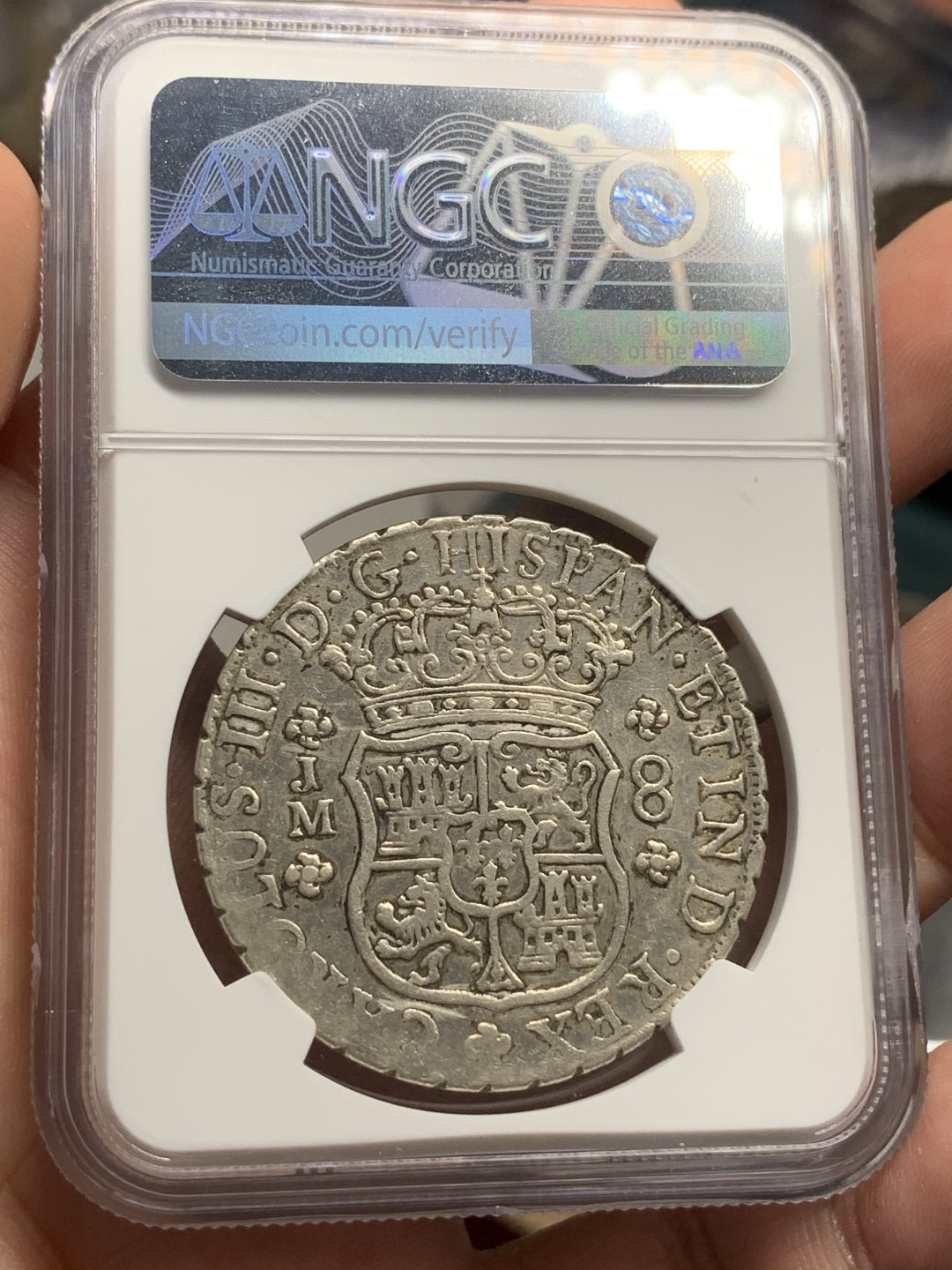 《竞宝斋》西.葡及其殖民地国家专场-第70场（全场不限金额包邮） NGC AU评级  秘鲁1770 卡洛斯三世8R地球双柱银币，稀少厂铭无点版，克劳斯目录无定价