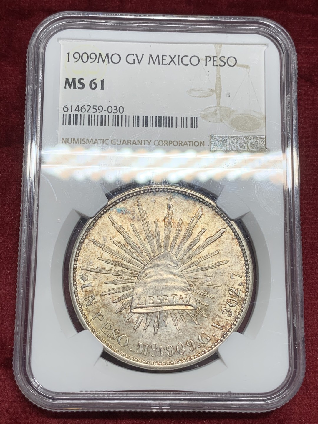 《竞宝斋》西.葡及其殖民地国家专场-第70场（全场不限金额包邮） NGC-ms61 墨西哥 1909年 直边鹰洋 1比索银币  原味五彩包浆