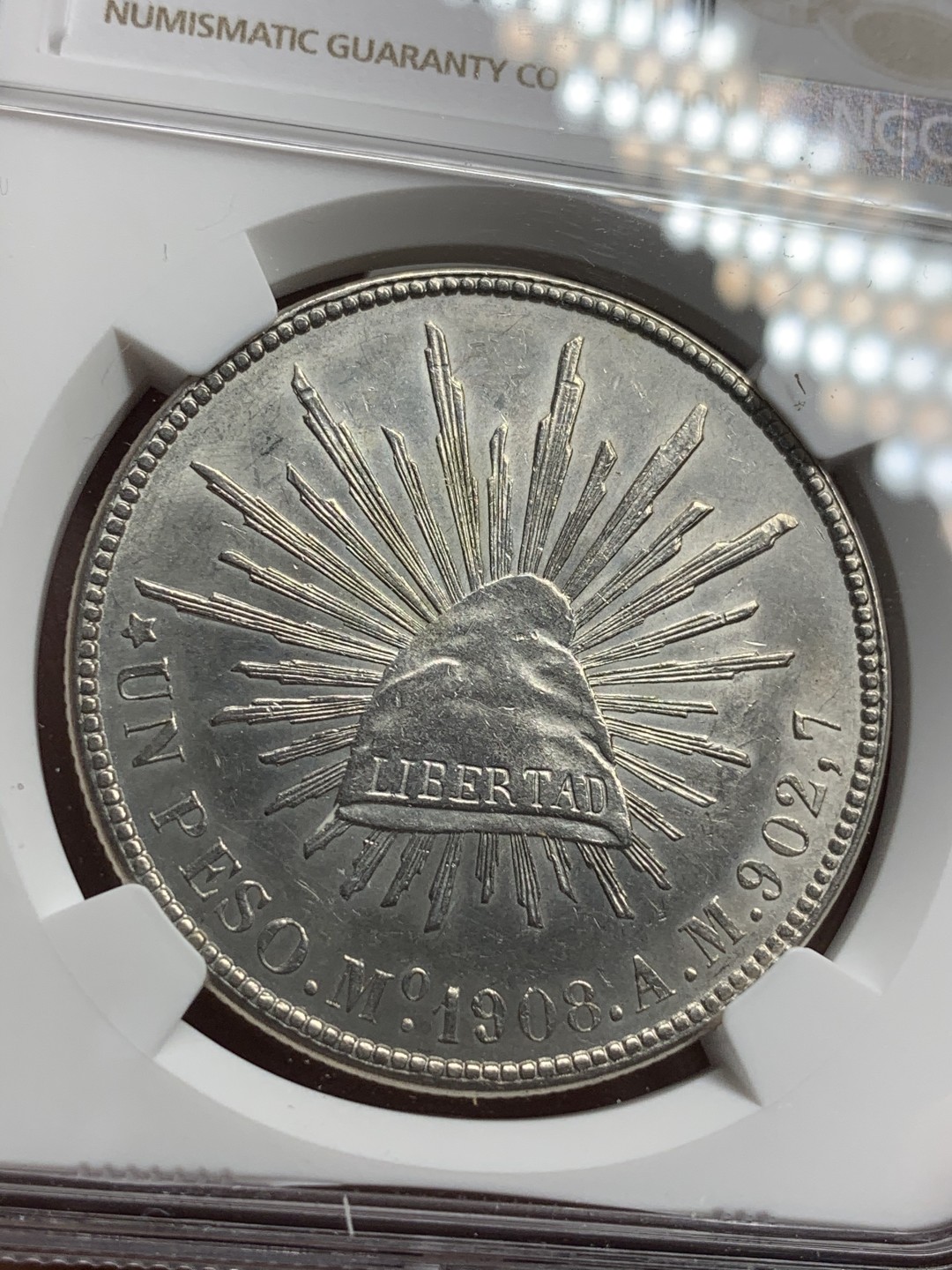 《竞宝斋》西.葡及其殖民地国家专场-第70场（全场不限金额包邮） NGC UNC 墨西哥 1908年MO AM版 直边 鹰洋银币 打制好 底光明显