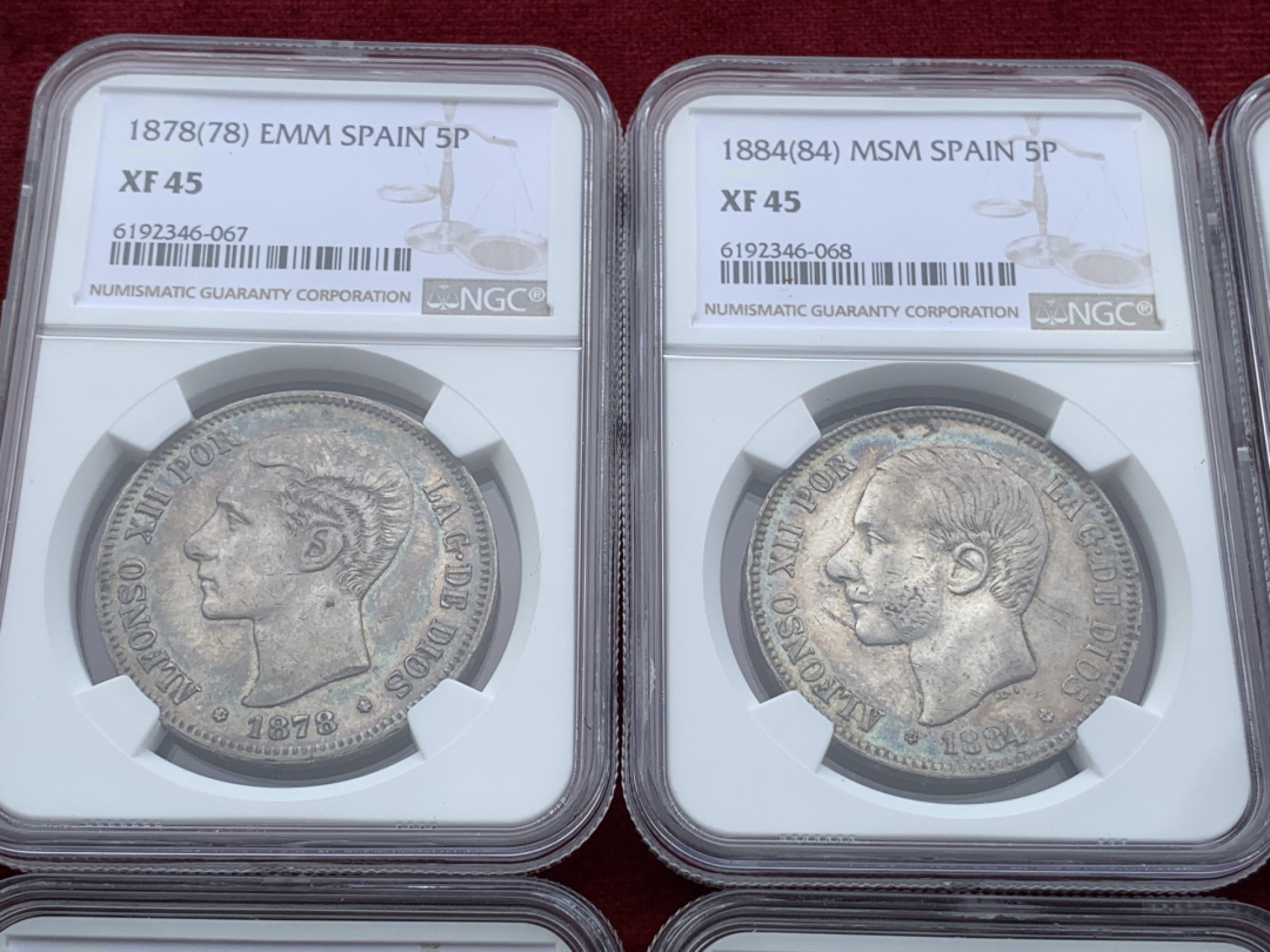 《竞宝斋》西.葡及其殖民地国家专场-第70场（全场不限金额包邮） NGC-XF45-AU50 原味彩包浆 西班牙5 比塞塔 8枚大全套一套 状态好 一次搞定全头像