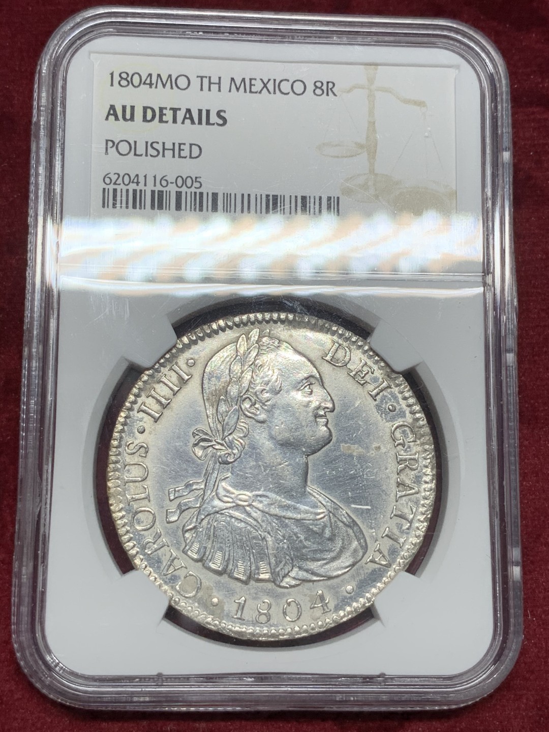 《竞宝斋》西.葡及其殖民地国家专场-第70场（全场不限金额包邮） NGC-AUD 墨西哥双柱 卡洛斯四世 1804年 8里亚尔双柱银币 严重深打 PL的底板
