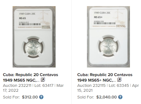 《竞宝斋》西.葡及其殖民地国家专场-第70场（全场不限金额包邮） NGC-MS65 古巴 1949年 大五星 20分银币 顶级分数 最新成交312美元，65+的2000美元 性价比极高