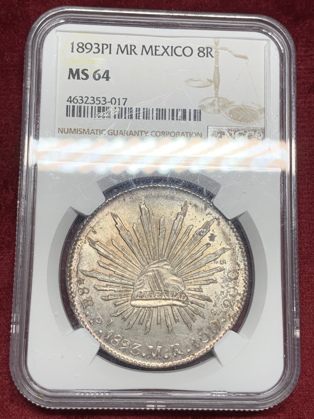 《竞宝斋》西.葡及其殖民地国家专场-第70场（全场不限金额包邮） NGC MS64 墨西哥 1893PI版 花边鹰洋 波多西最后一年 比较少的品种 底板光亮 羽毛好 淡五彩包浆