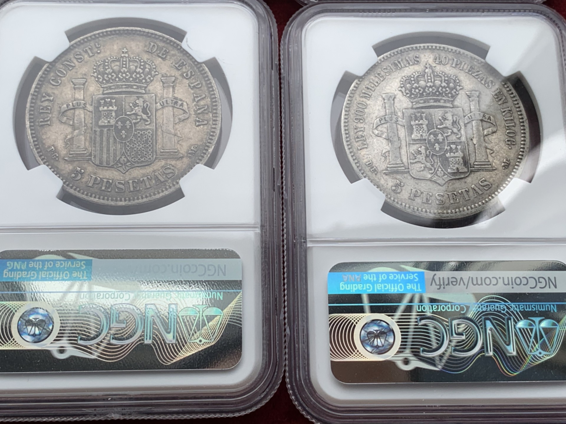 《竞宝斋》西.葡及其殖民地国家专场-第70场（全场不限金额包邮） NGC-XF45-AU50 原味彩包浆 西班牙5 比塞塔 8枚大全套一套 状态好 一次搞定全头像