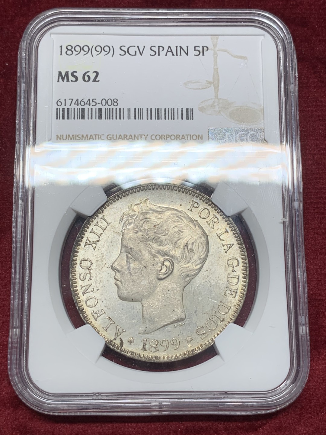 《竞宝斋》西.葡及其殖民地国家专场-第70场（全场不限金额包邮） NGC MS62 西班牙 1899年 小孩头 5比塞塔 银币 铸造纹清晰 状态极佳