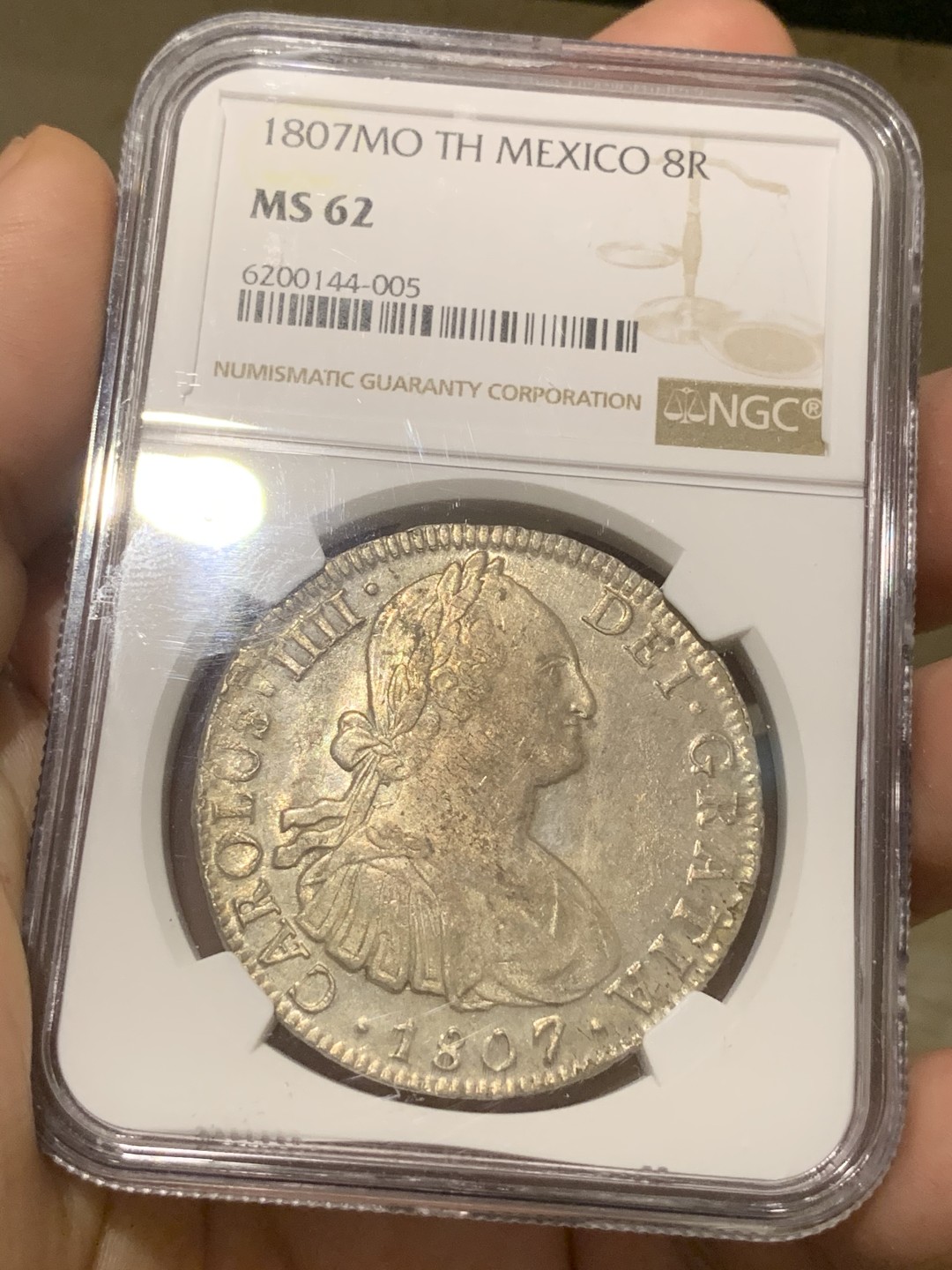 《竞宝斋》西.葡及其殖民地国家专场-第70场（全场不限金额包邮） NGC-MS62 墨西哥双柱 卡四 1807年 8里亚尔 双柱大银币 高等级状态 笑容可掬