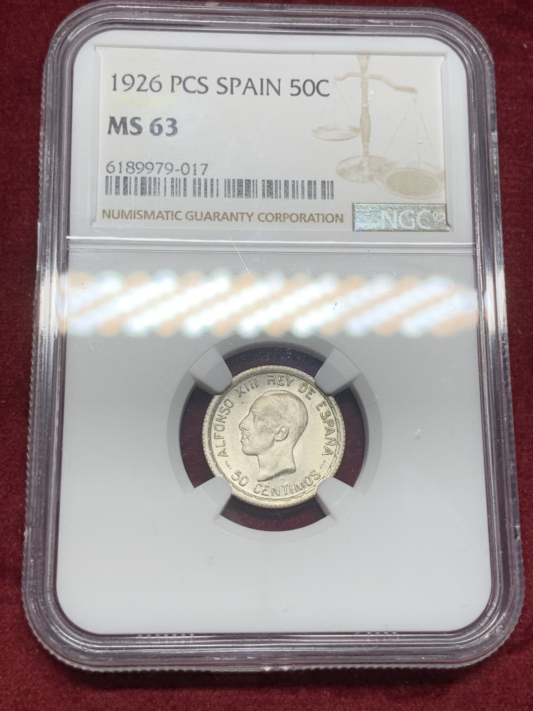 《竞宝斋》西.葡及其殖民地国家专场-第70场（全场不限金额包邮） NGC MS63 西班牙 阿方索十三世 1926年 50分银币 正反银光 状态好