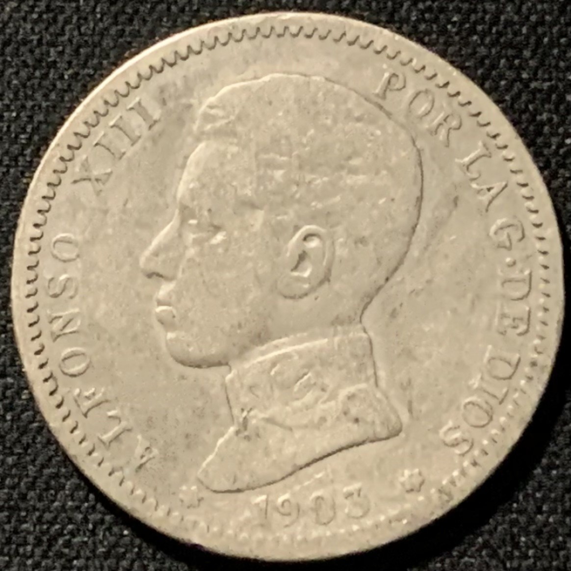 紫瑗钱币——第206期拍卖 西班牙 1903年 阿方索十三世 少年头 1比塞塔 5克 0.835银