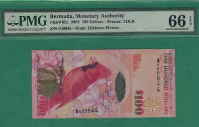 百慕大2009年100元 塑料视窗 初版 洋葱冠 三位小号 数三 双尾 实物图 UNC - 百慕大2009年100元 塑料视窗 初版 洋葱冠 三位小号 数三 双尾 实物图 UNC