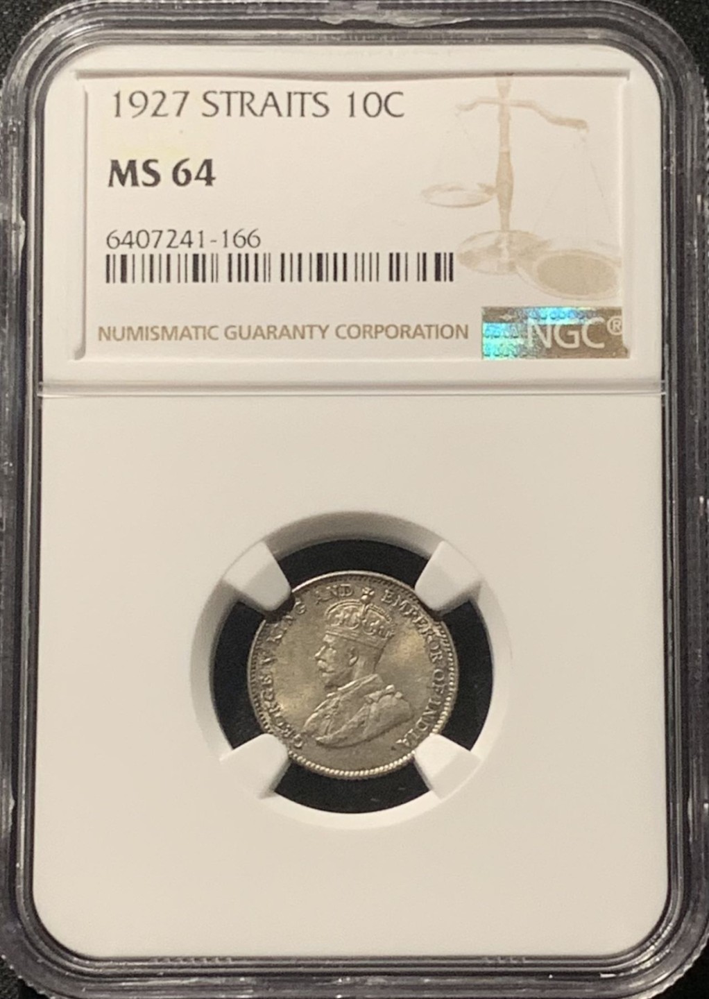 紫瑗钱币——第244期拍卖 海峡殖民地 1927年 乔治五世 10分 银币 NGC MS64