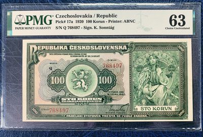 大珍云集！【Blue Auction】✨世界纸币精拍第200期盛典！ - 【大珍 百年风云 唯一冠军分 油墨凹凸感非常好】捷克斯洛伐克 国宝级画家穆夏 1920年100克朗 PMG63 美钞公司双面雕刻 极致作品 从少女心到民族爱  风格即是一切