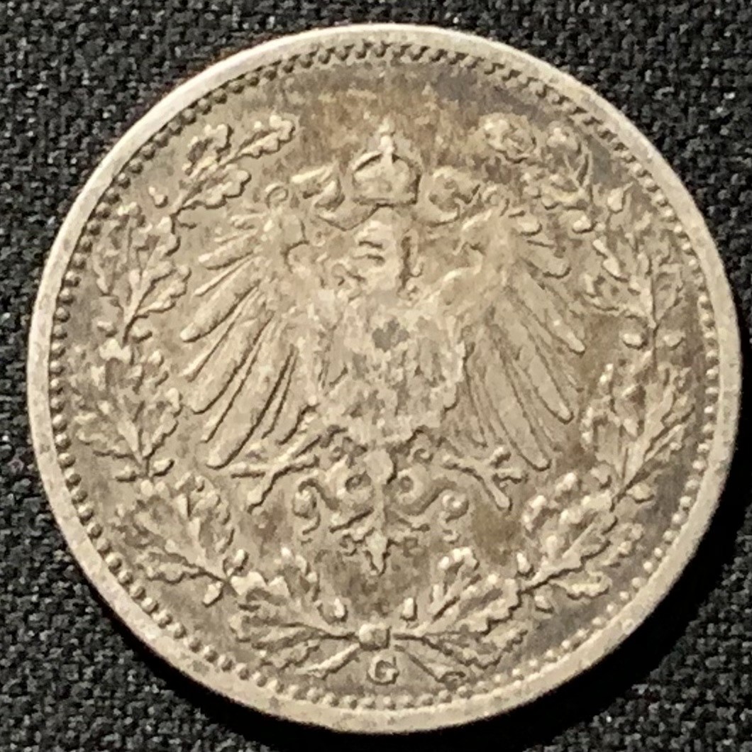 紫瑗钱币——第206期拍卖 德国 1906年 G版 第二帝国 长翅 1/2马克 2.75克 0.9银