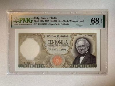 大珍云集！【Blue Auction】✨世界纸币精拍第200期盛典！ - 【a版唯一冠军分】意大利 1967年10万里拉 p100a PMG68EPQ 顶级人物雕刻曼左尼 Tips：初版本身就非常少 何况68分顶级分数 仅此一张 意大利纸币的高峰 必将吸引藏家们追捧 