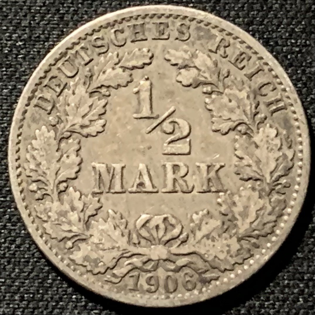 紫瑗钱币——第206期拍卖 德国 1906年 G版 第二帝国 长翅 1/2马克 2.75克 0.9银