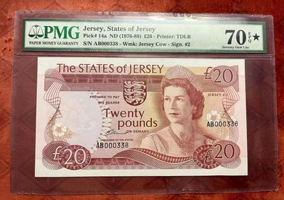 大珍云集！【Blue Auction】✨世界纸币精拍第200期盛典！ - 【唯一冠军分 满分 338小号】泽西 1976-88年20镑 PMG70EPQ星星 高冠女王 背面Corey Castle (painting by Jean Le Capelain)