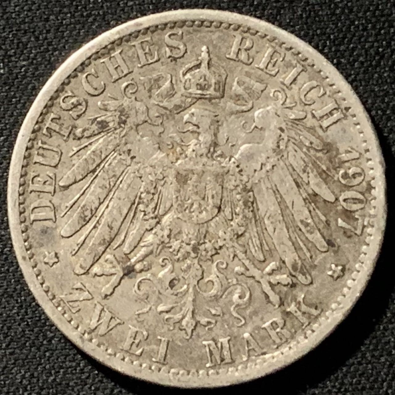 紫瑗钱币——第206期拍卖 德国 普鲁士 1907年 威廉二世 2马克 11.11克 0.9银