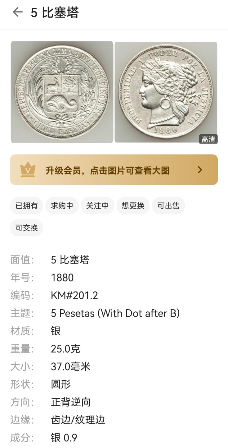 瓶子🏺第46期拍卖会 秘鲁1880年临时过渡期女神版5比塞塔大银币（带点版）