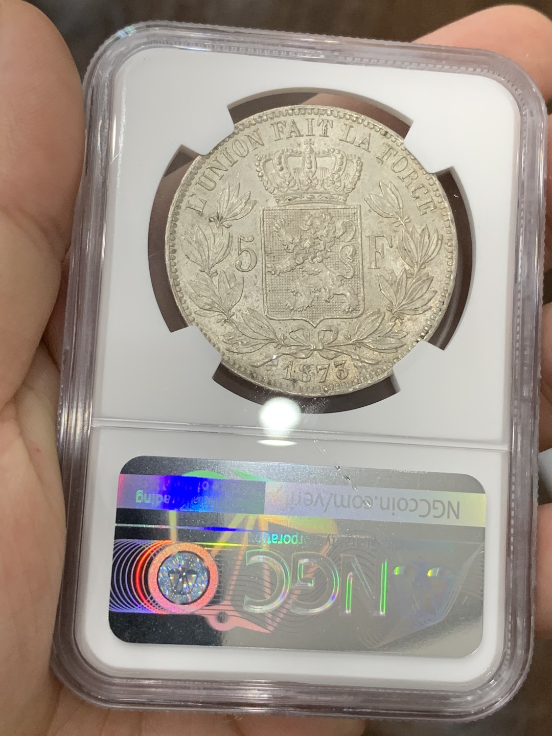 《竞宝斋》第71场-本周日，周一2场连拍（全场不限金额包邮） NGC-MS62 比利时 1873年 利奥波德二世 5法郎 原光好品大银币 一流的状态