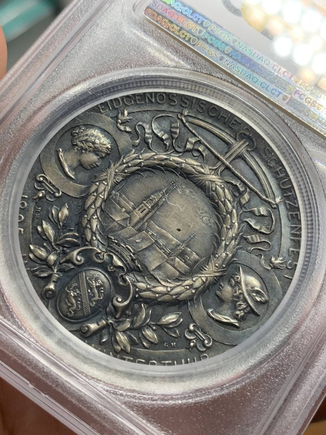 《竞宝斋》第71场-本周日，周一2场连拍（全场不限金额包邮） PCGS SP62 瑞士1895年温特图尔射击节女神大银章 包浆醇美 低评好品好状态