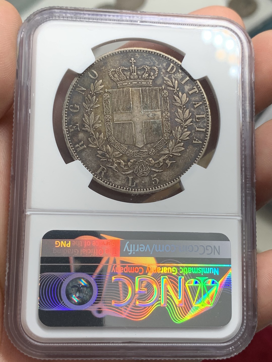 《竞宝斋》第71场-本周日，周一2场连拍（全场不限金额包邮） NGC AU好品相 意大利 1878年埃马努埃莱二世五里拉银币