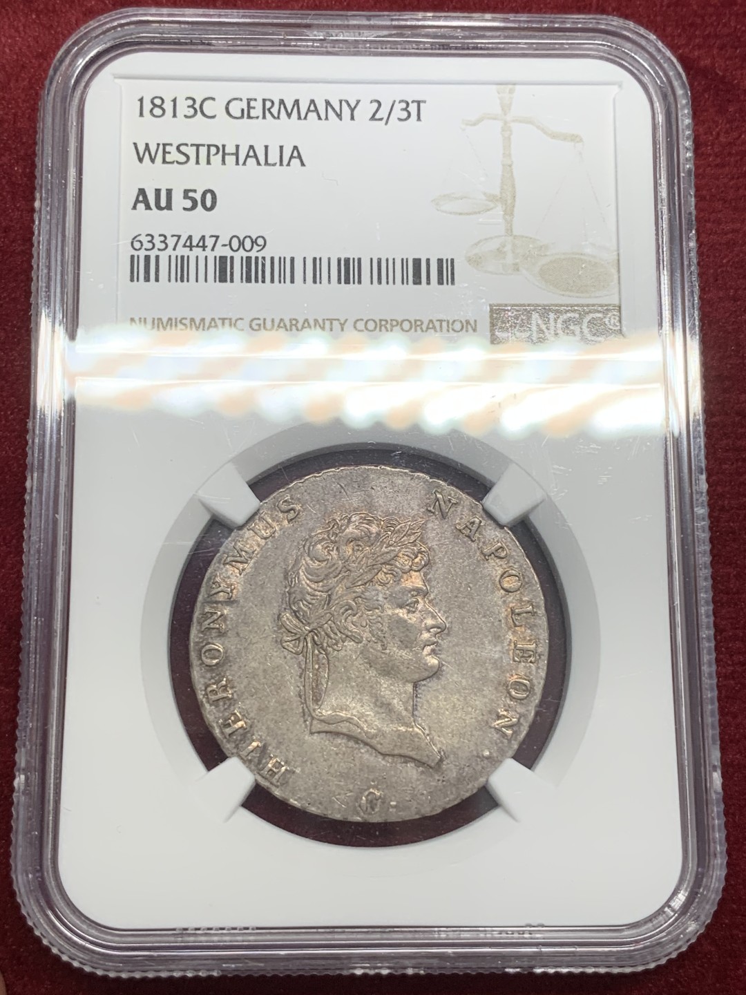 《竞宝斋》第71场-本周日，周一2场连拍（全场不限金额包邮） NGC-AU50  德国1813年 威斯特法伦 2/3泰勒银币 热罗姆·波拿巴 拿破仑最小的弟弟  少见品种，双面淡金色包浆