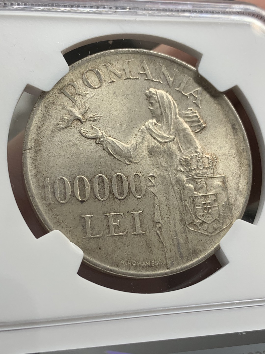 《竞宝斋》第71场-本周日，周一2场连拍（全场不限金额包邮） NGC-MS63 罗马尼亚 1946年 100000列伊 大银币 粉光好品 非常漂亮