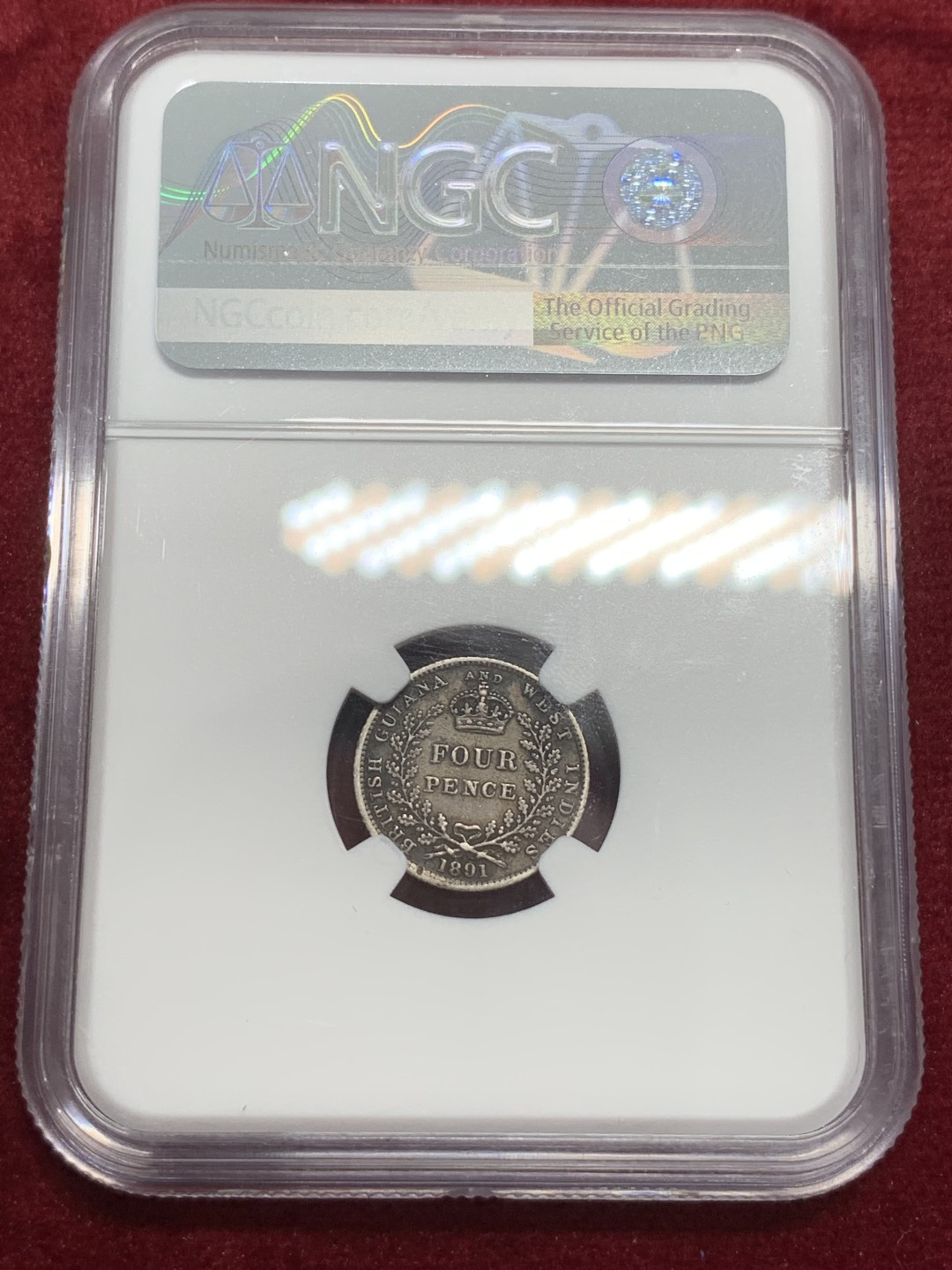 《竞宝斋》第71场-本周日，周一2场连拍（全场不限金额包邮） NGC AU50 1891年英属圭亚那和西印度4便士小银币，包浆完美黑美人发财包浆，英系里这样的包浆不多见。