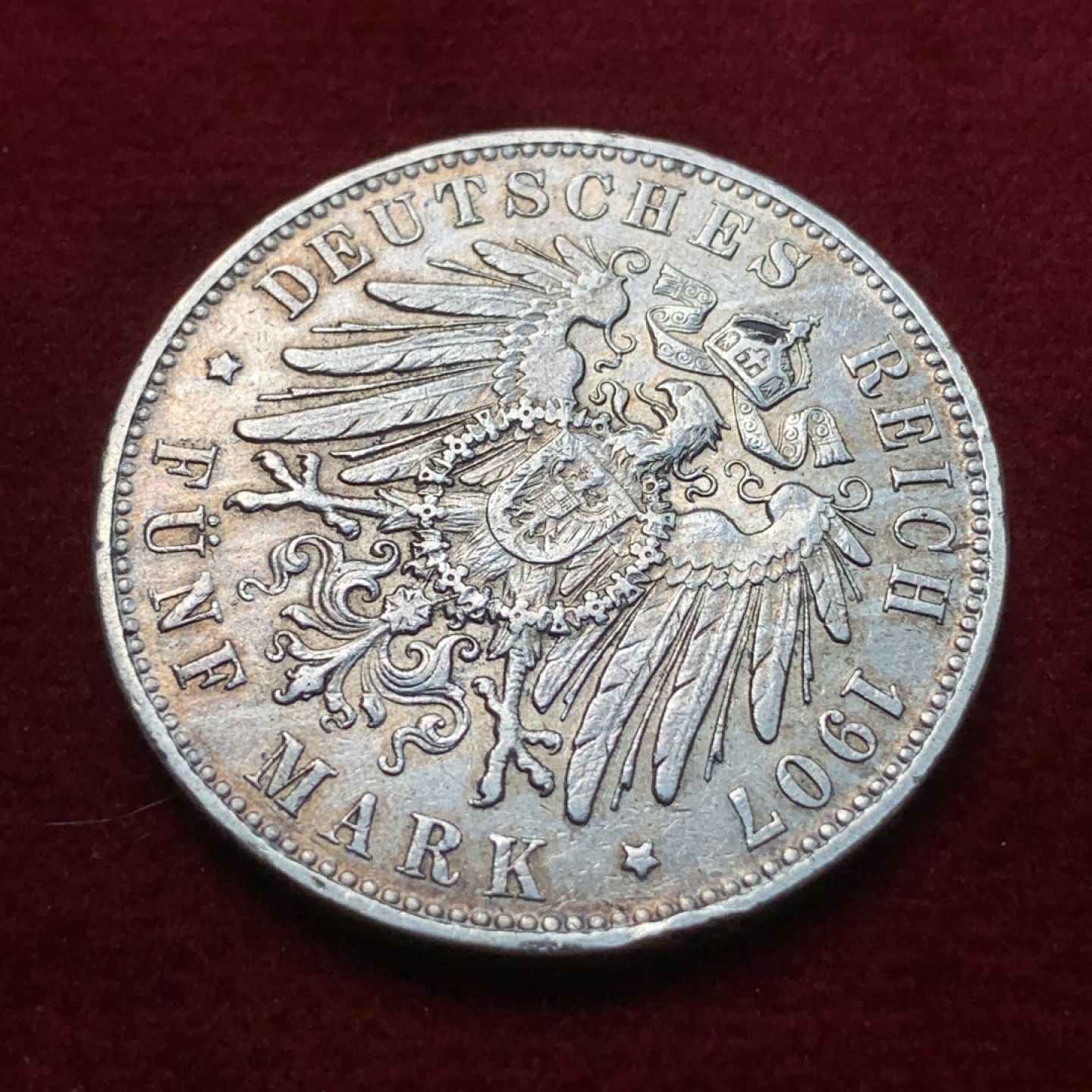 《竞宝斋》第71场-本周日，周一2场连拍（全场不限金额包邮） 德国 1907年 汉堡 双狮5马克 大银币 上涨品种 细节见图