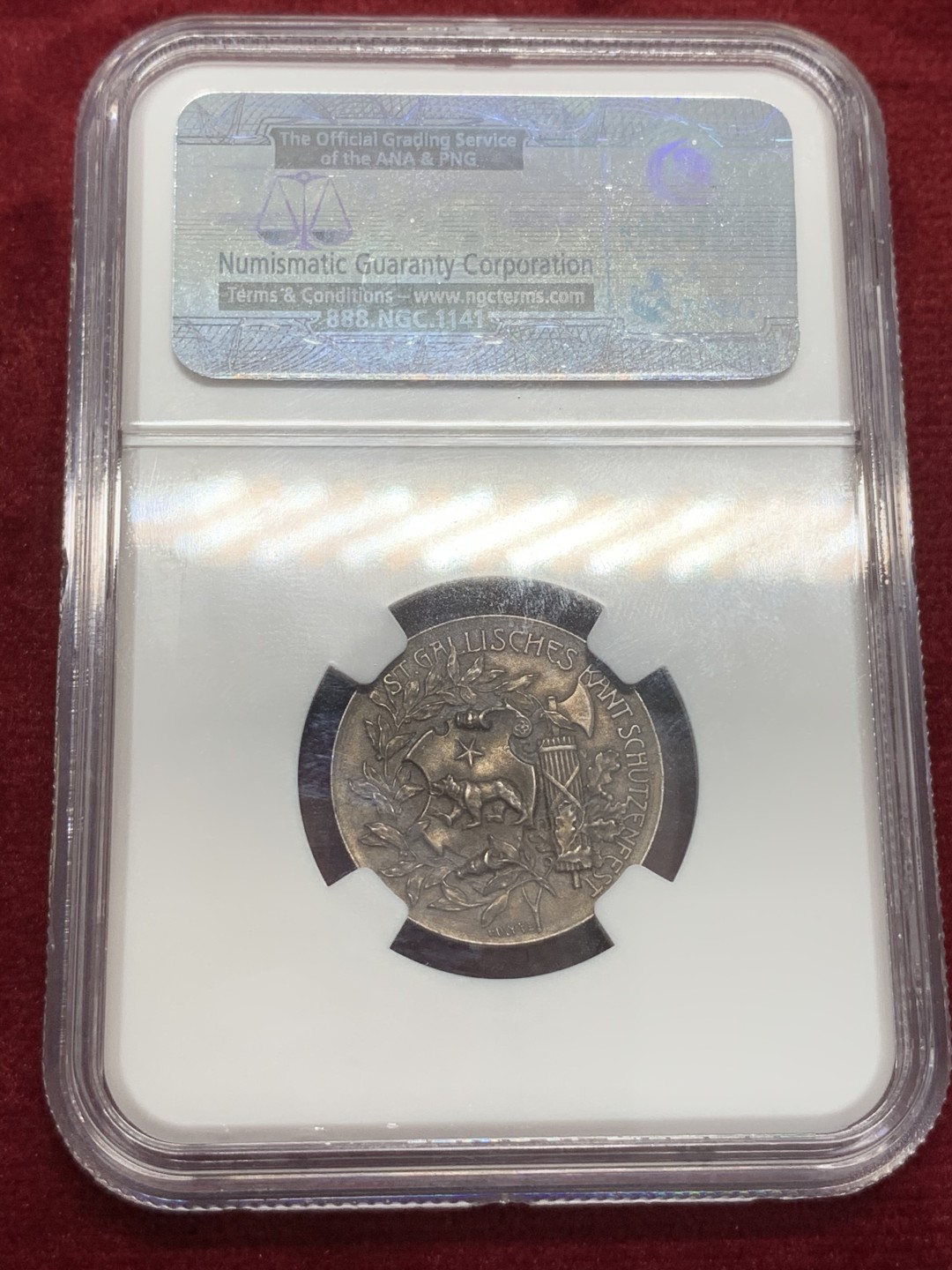 《竞宝斋》第71场-本周日，周一2场连拍（全场不限金额包邮） NGC MS63 瑞士1906年圣加伦射击节银章 以小见大 精细工艺 灰黑包浆 法西斯权杖和小熊盾徽 高浮雕工艺 值得收藏