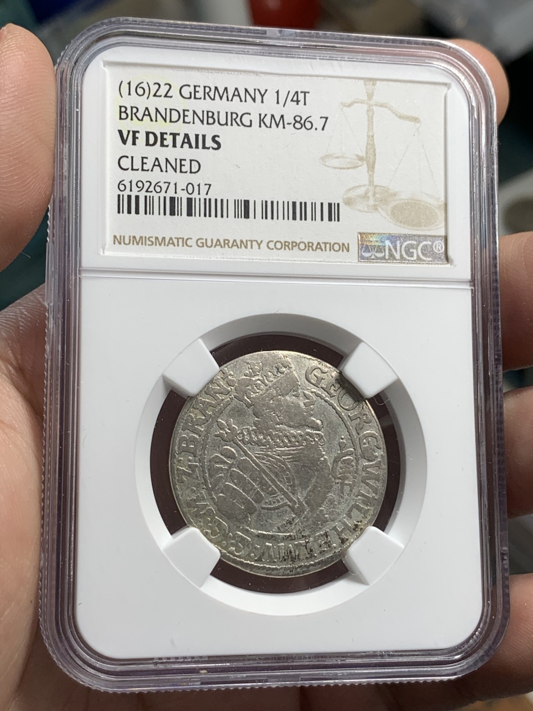 《竞宝斋》第71场-本周日，周一2场连拍（全场不限金额包邮） NGC VF细节神圣罗马帝国勃兰登堡 1622年 1/4泰勒 正面头像为勃兰登堡大选侯乔治威廉，普鲁士开国王腓特烈三世之父