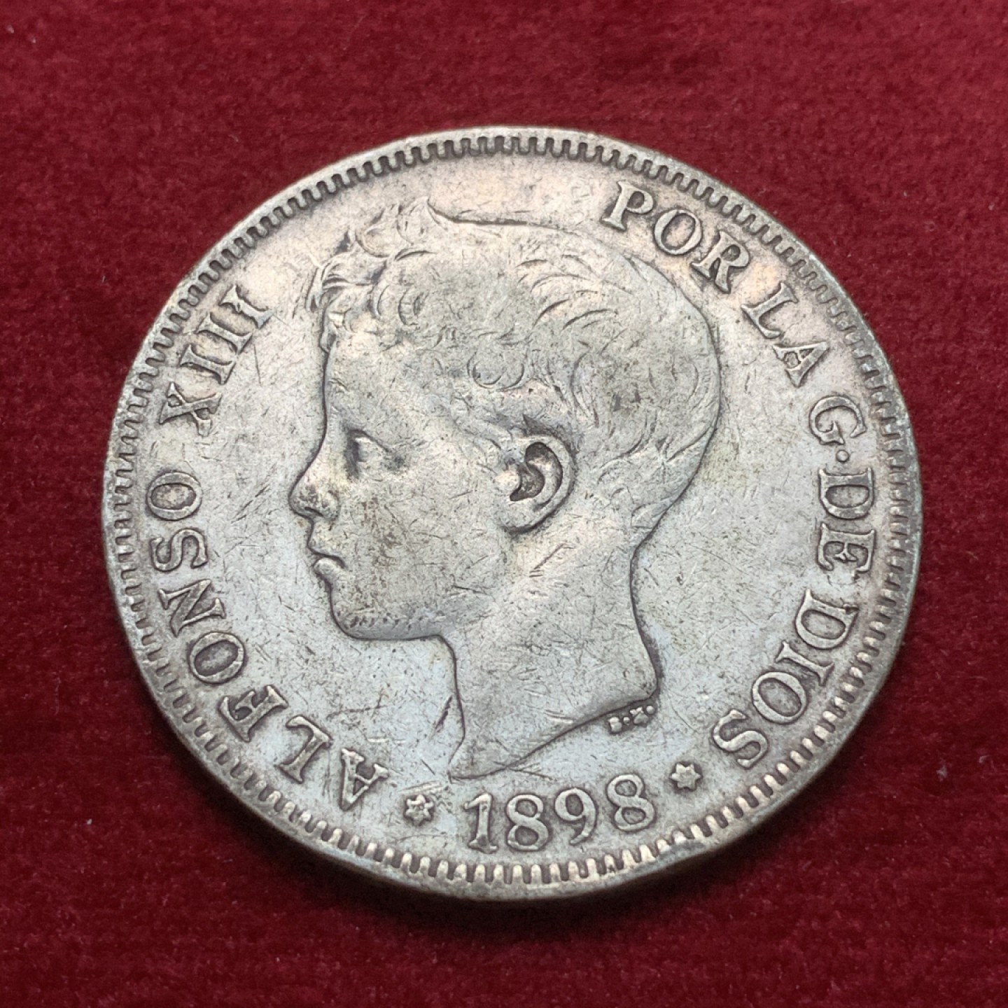 《竞宝斋》第71场-本周日，周一2场连拍（全场不限金额包邮） 西班牙 1898年 阿方索十三世 波浪卷 5比塞塔 大银币 原味好品