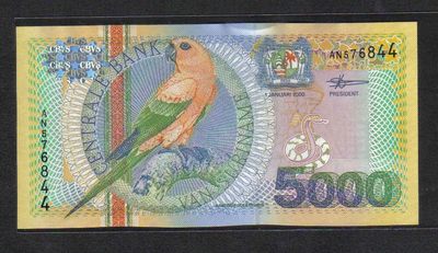 苏里南2000年5000盾 双尾44 克劳斯P-152 美洲纸币 实物图 UNC - 苏里南2000年5000盾 双尾44 克劳斯P-152 美洲纸币 实物图 UNC