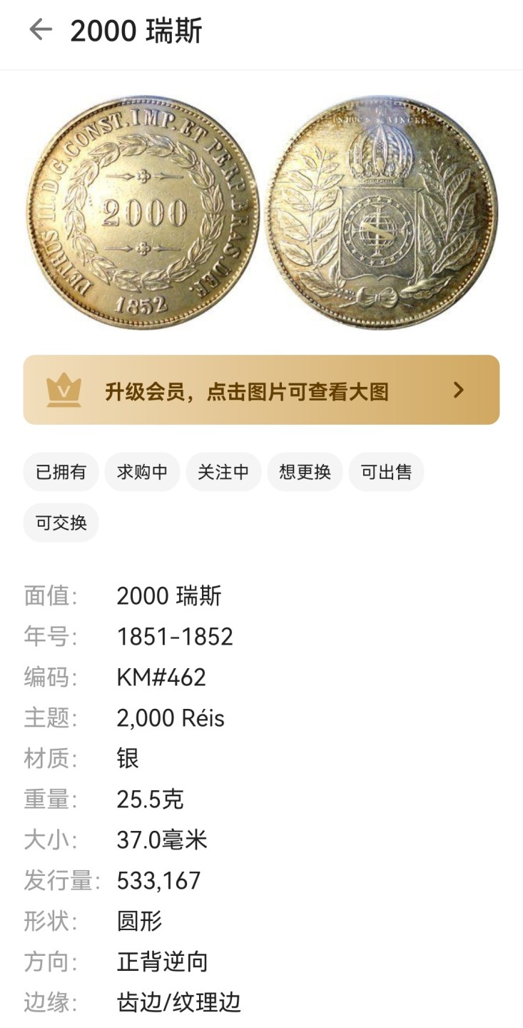 瓶子🏺第46期拍卖会 巴西1852年佩德罗二世2000瑞斯大银币（稀少）
