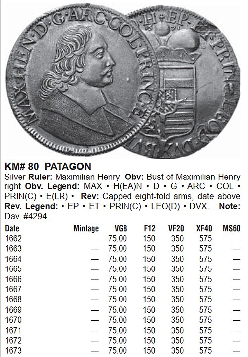 NGC-AUD神罗列日采邑主教区1678,patagon银币(和泰勒银币差不多,40mm), DAV-4294, Maximilian Henry马克西米利安.亨利