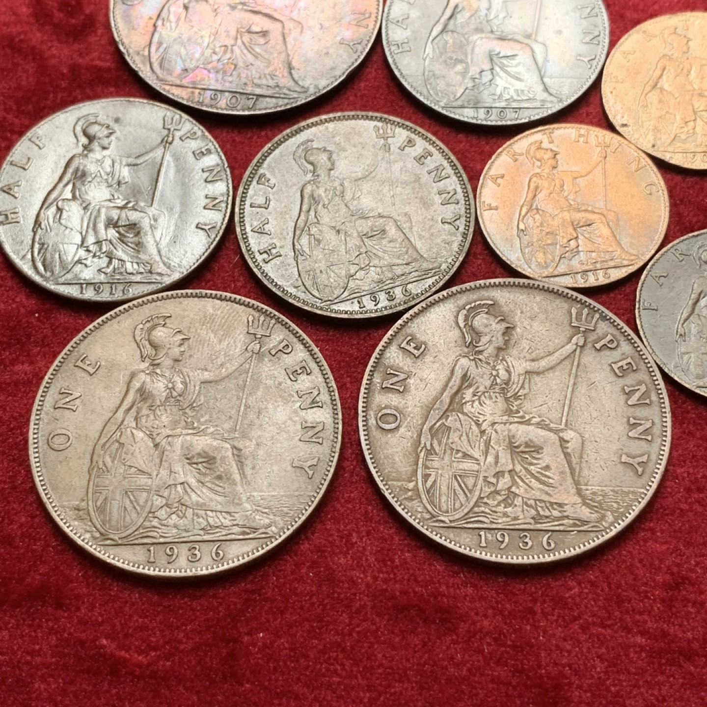 《竞宝斋》第71场-本周日，周一2场连拍（全场不限金额包邮） 原味好品 英国爱德华七世&乔治五世铜板9枚 1法新/半便士/1便士3套 细节不错