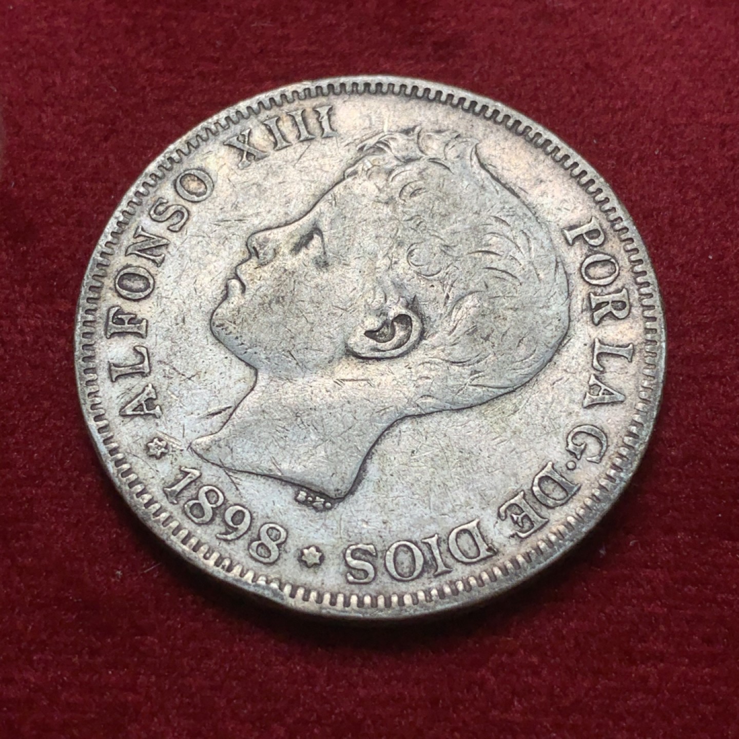 《竞宝斋》第71场-本周日，周一2场连拍（全场不限金额包邮） 西班牙 1898年 阿方索十三世 波浪卷 5比塞塔 大银币 原味好品