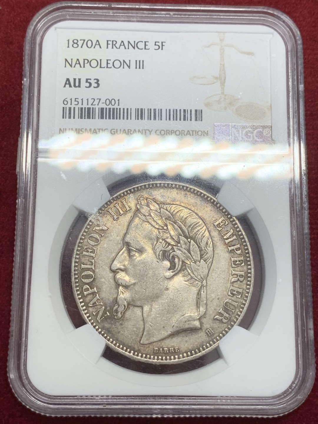 《竞宝斋》第71场-本周日，周一2场连拍（全场不限金额包邮） NGC-AU53 法国1870年（A） 拿破仑三世5法郎银币 味道不错，帘幕细节磨损不多，出分不易