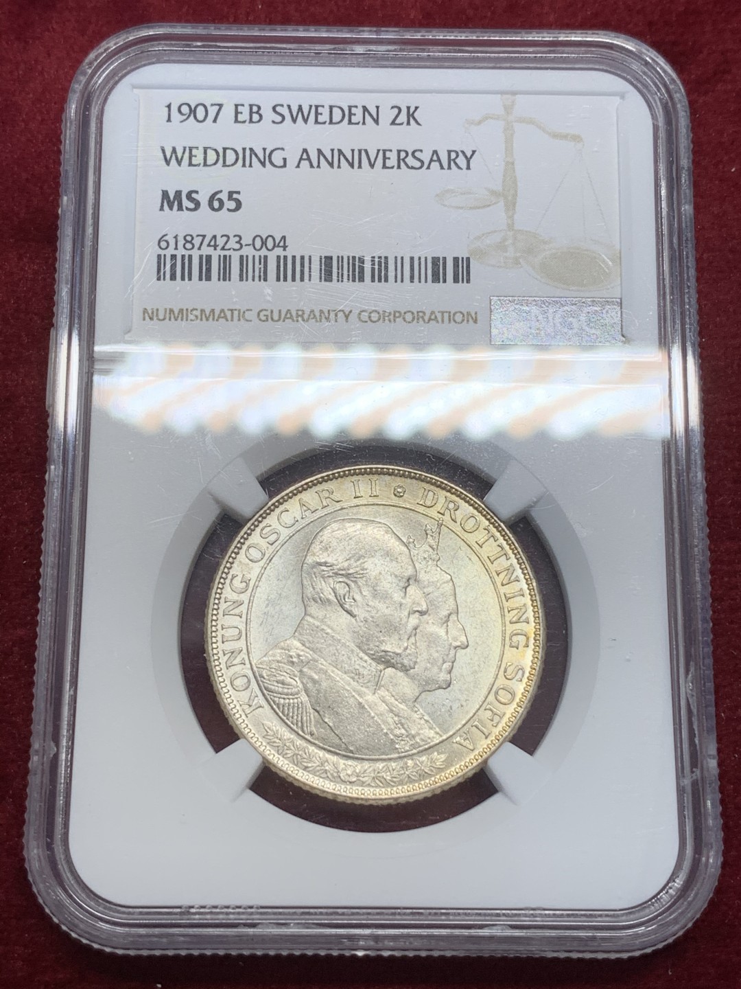 《竞宝斋》第71场-本周日，周一2场连拍（全场不限金额包邮） NGC-MS65 瑞典1907国王金婚2克朗纪念大银币  难得高分