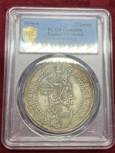 《竞宝斋》第71场-本周日，周一2场连拍（全场不限金额包邮） - PCGS AU 奥地利1696/4年萨尔茨堡圣母抱婴骑字老泰勒银币 原味包浆 稀少骑字版本 好品好状态