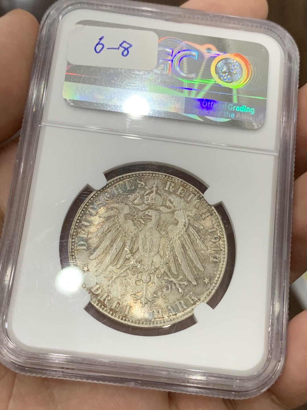 《竞宝斋》第71场-本周日，周一2场连拍（全场不限金额包邮） NGC MS64+ 德国巴伐利亚 1911年 90大寿 3马克银币 双面五彩包浆 漂亮