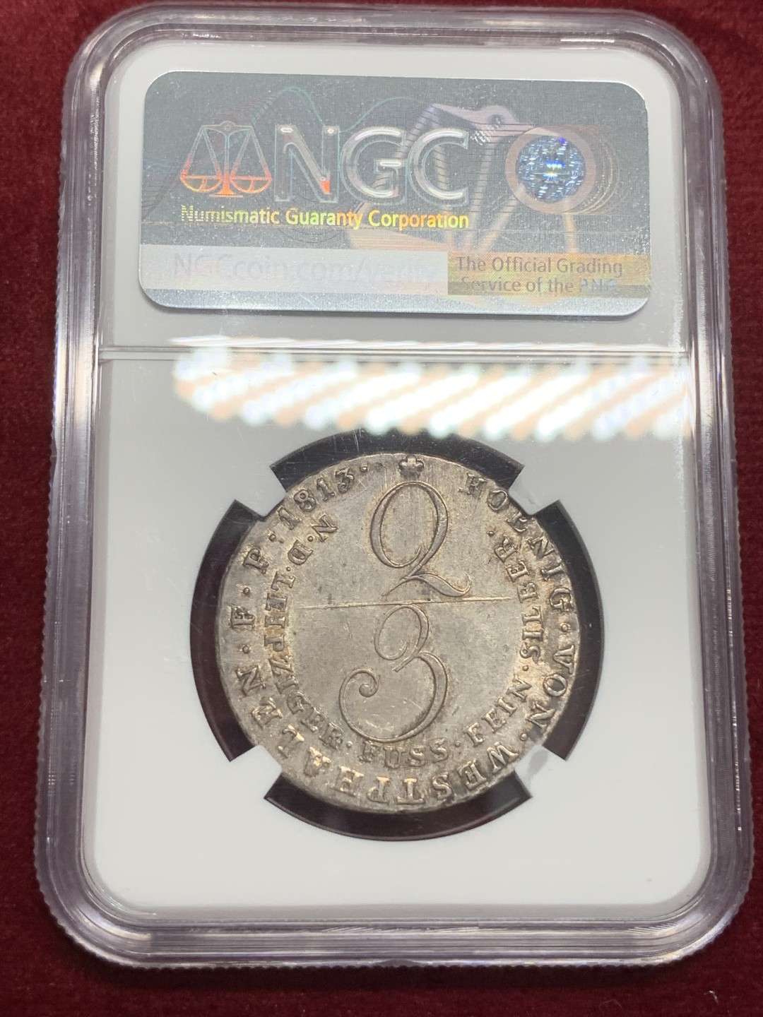 《竞宝斋》第71场-本周日，周一2场连拍（全场不限金额包邮） NGC-AU50  德国1813年 威斯特法伦 2/3泰勒银币 热罗姆·波拿巴 拿破仑最小的弟弟  少见品种，双面淡金色包浆