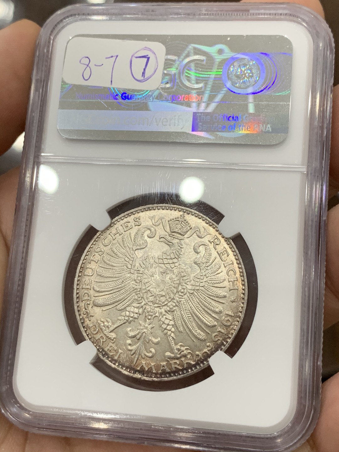 《竞宝斋》第71场-本周日，周一2场连拍（全场不限金额包邮） NGC MS62 德国 1915年 萨克森-魏玛爱森纳赫 3马克银币少见品种 淡彩包浆