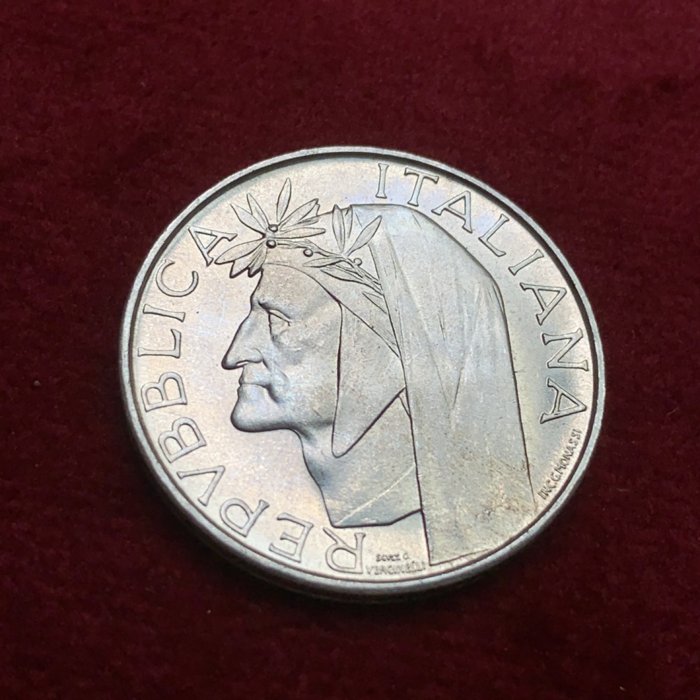 《竞宝斋》第71场-本周日，周一2场连拍（全场不限金额包邮） 意大利1965年但丁诞辰纪念500里拉银币 BU顶级品相